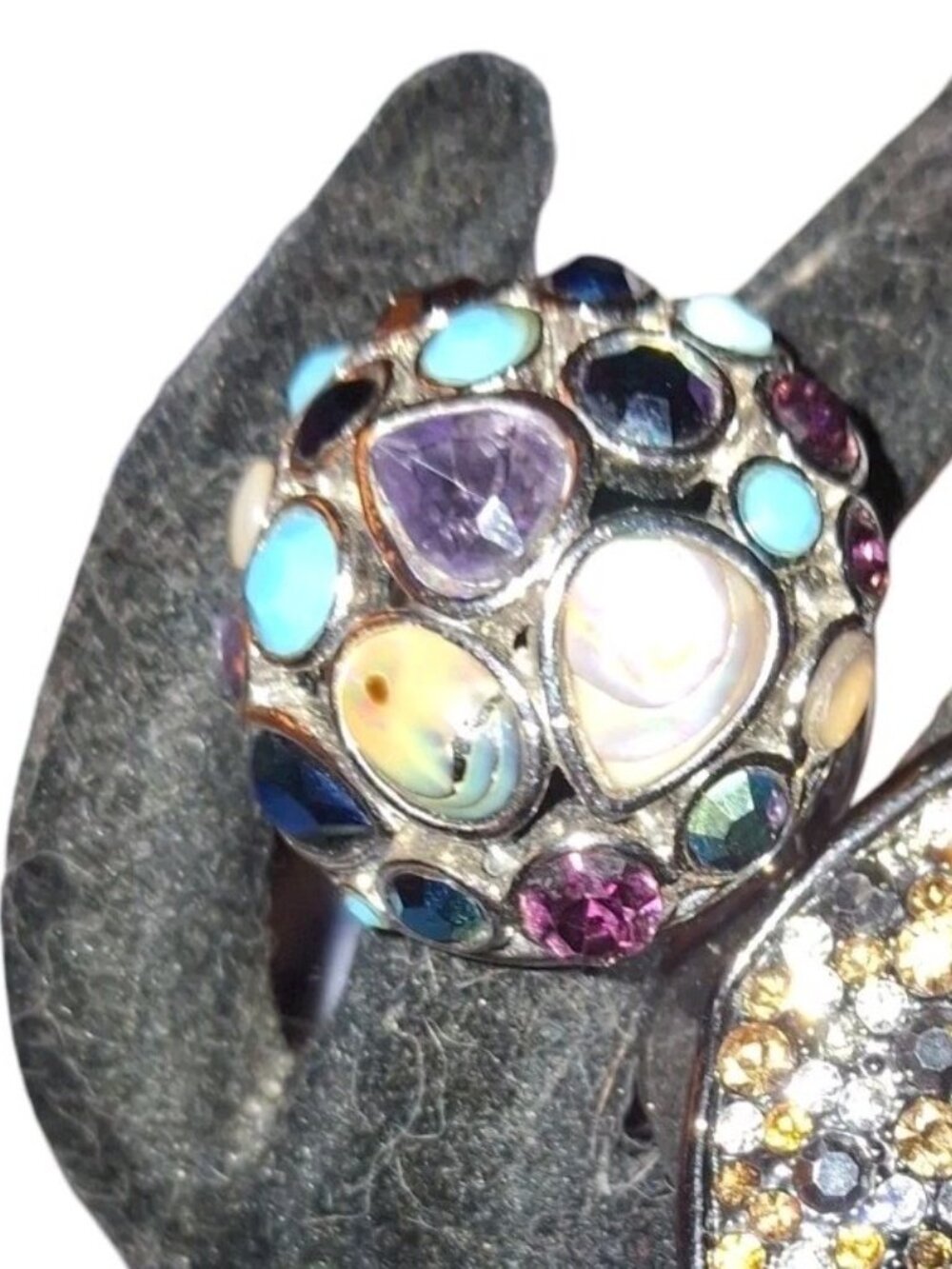 LIA SOPHIA "Fireworks" Silver-tone Dome Ring w/ Abalone, Crystal, & MOP Size 7 - Picture 4 of 7